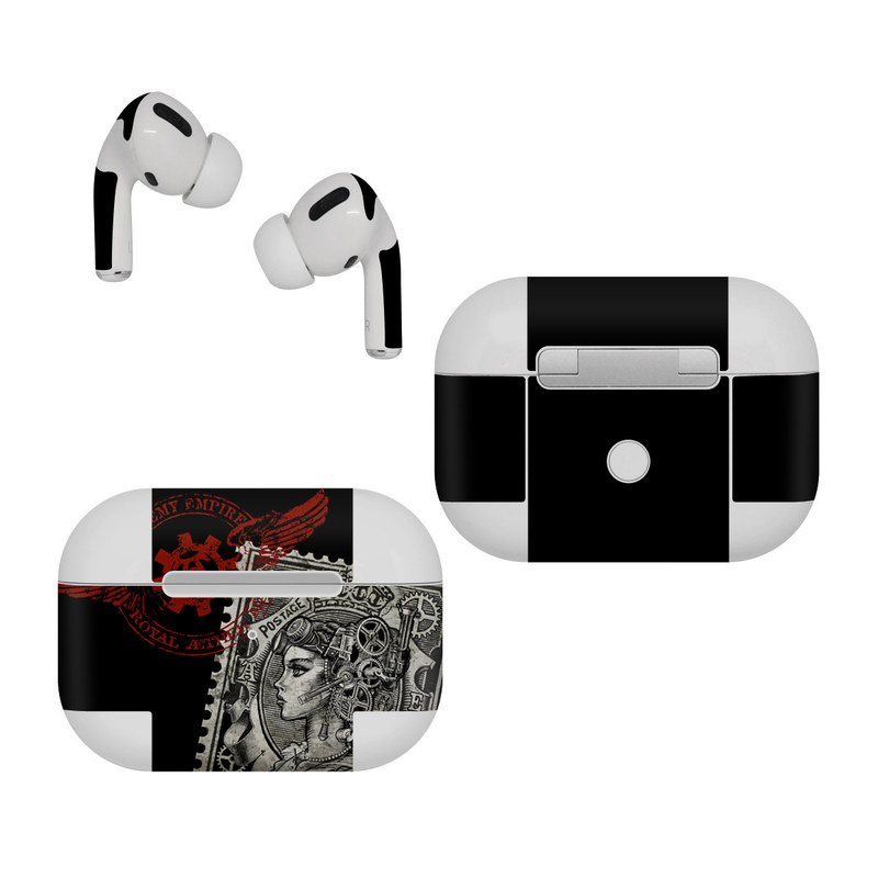 Apple AirPods Pro Skin design of Font, Postage stamp, Illustration, Drawing, Art, with black, gray, red colors
