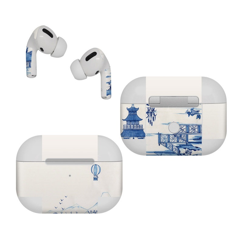 Apple AirPods Pro Skin design of Blue, Blue and white porcelain, Winter, Christmas eve, Illustration, Snow, World, Art, with blue, white colors