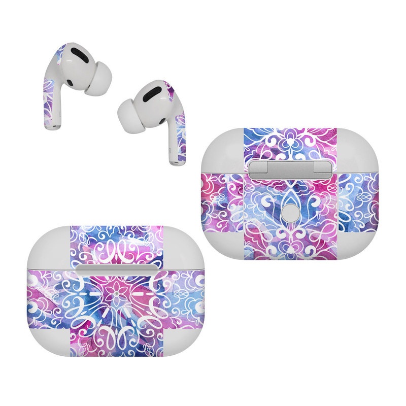 Apple AirPods Pro Skin design of Pattern, Pink, Lilac, Design, Textile, Visual arts, Motif, Floral design, Plant, with blue, pink, purple, white colors