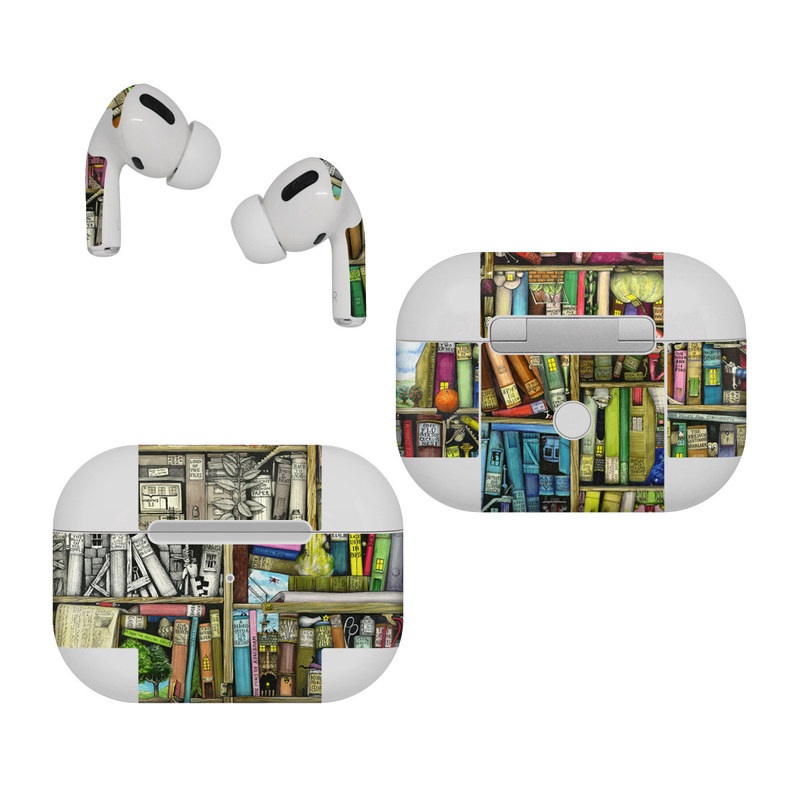 Apple AirPods Pro Skin design of Collection, Art, Visual arts, Bookselling, Shelving, Painting, Building, Shelf, Publication, Modern art, with brown, green, blue, red, pink colors