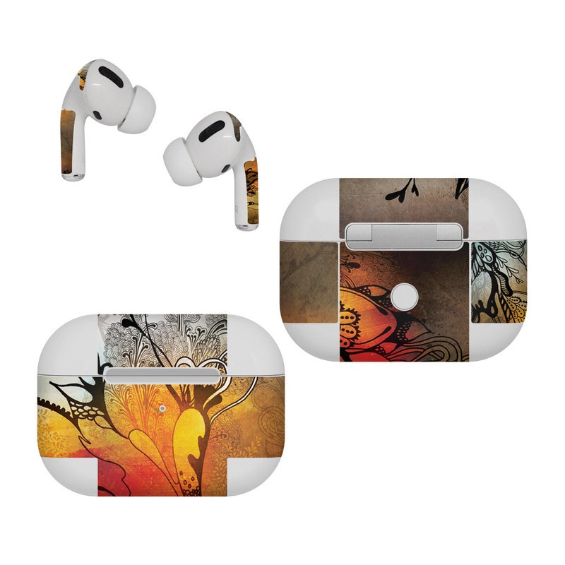 Apple AirPods Pro Skin design of Yellow, Orange, Art, Branch, Leaf, Graphic design, Visual arts, Pattern, Design, Modern art, with black, red, orange, yellow colors