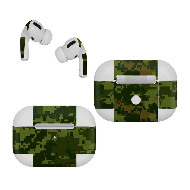 Apple AirPods Pro Skin design of Military camouflage, Green, Pattern, Uniform, Camouflage, Clothing, Design, Leaf, Plant, with green, brown colors