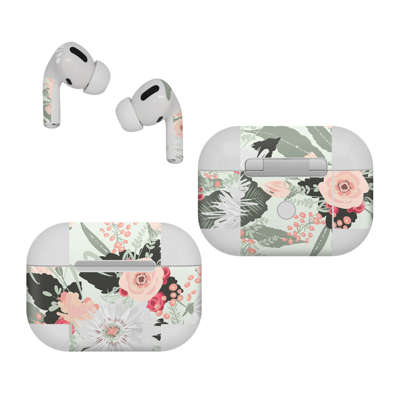Apple AirPods Pro Skin design of Pattern, Pink, Floral design, Design, Textile, Wrapping paper, Plant, Peach, Flower, with green, red, white, pink colors