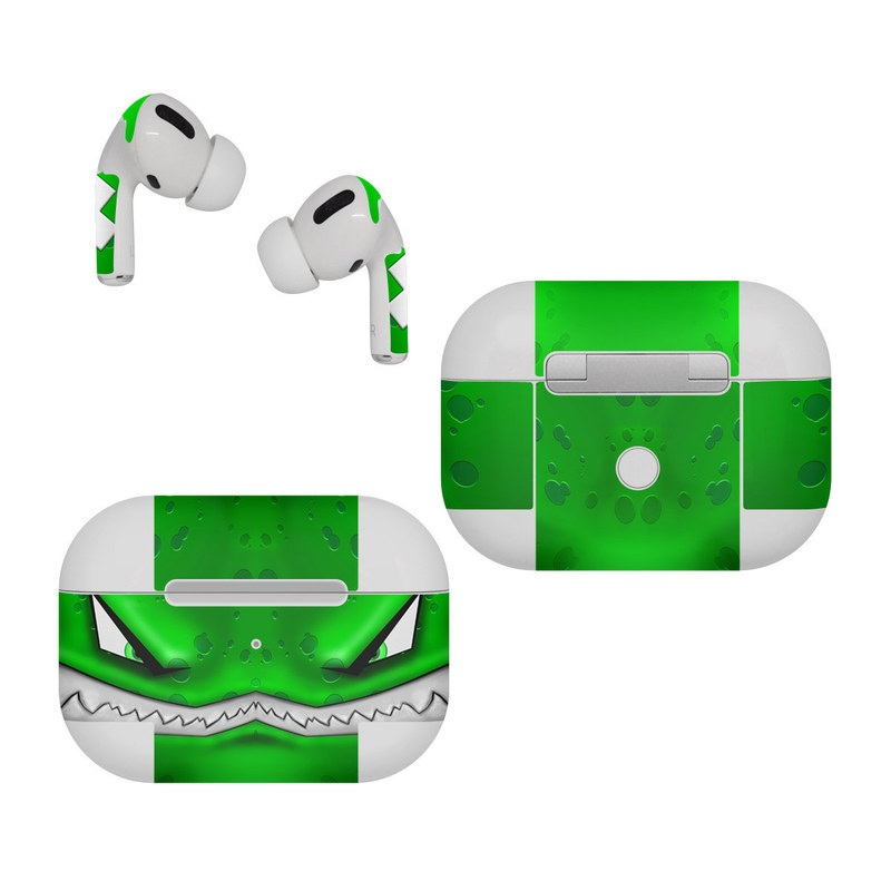 Apple AirPods Pro Skin design of Green, Font, Animation, Logo, Graphics, Games, with green, white colors