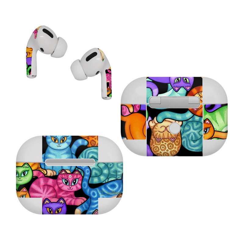 Apple AirPods Pro Skin design of Cat, Cartoon, Felidae, Organism, Small to medium-sized cats, Illustration, Animated cartoon, Wildlife, Kitten, Art, with black, blue, red, purple, green, brown colors