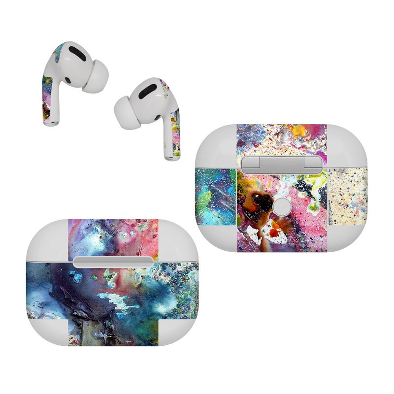 Apple AirPods Pro Skin design of Watercolor paint, Painting, Acrylic paint, Art, Modern art, Paint, Visual arts, Space, Colorfulness, Illustration, with gray, black, blue, red, pink colors