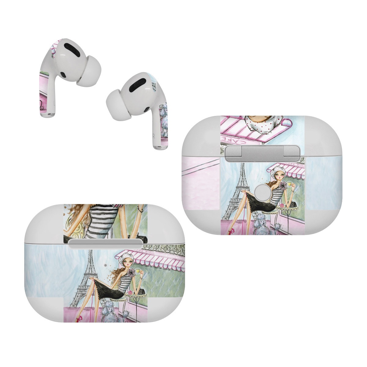 Apple AirPods Pro Skin design of Pink, Illustration, Sitting, Konghou, Watercolor paint, Fashion illustration, Art, Drawing, Style, with gray, purple, blue, black, pink colors