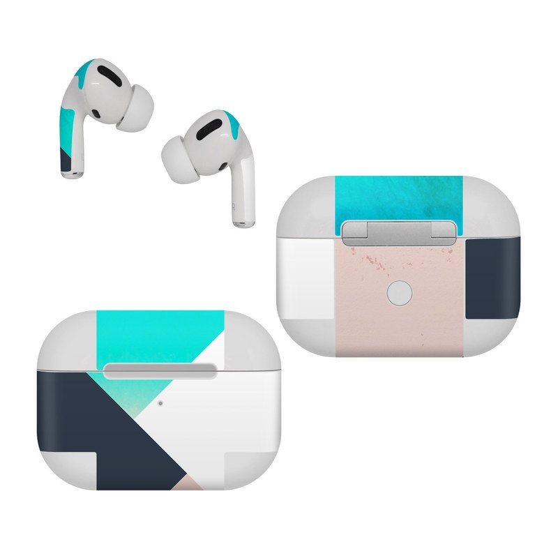 Apple AirPods Pro Skin design of Blue, Turquoise, Aqua, Line, Triangle, Design, Material property, Graphic design, Pattern, Architecture, with black, white, brown, blue colors