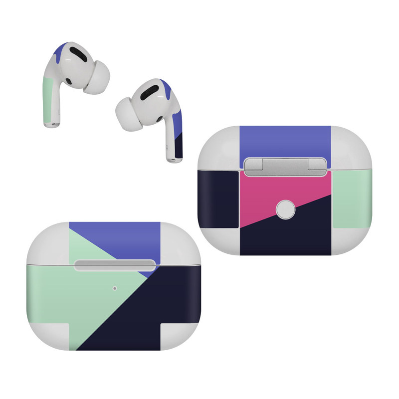 Apple AirPods Pro Skin design of Purple, Violet, Line, Magenta, Graphic design, Triangle, Pattern, Design, Material property, Font, with black, blue, green, pink colors