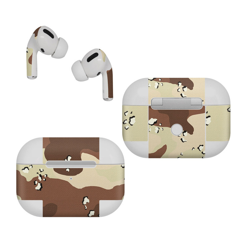 Apple AirPods Pro Skin design of Military camouflage, Brown, Pattern, Design, Camouflage, Textile, Beige, Illustration, Uniform, Metal, with gray, red, black, green colors
