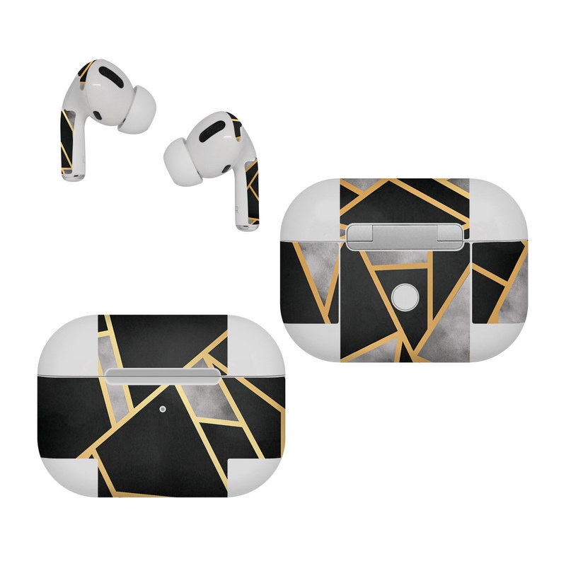 Apple AirPods Pro Skin design of Pattern, Triangle, Yellow, Line, Tile, Floor, Design, Symmetry, Architecture, Flooring, with black, gray, yellow colors