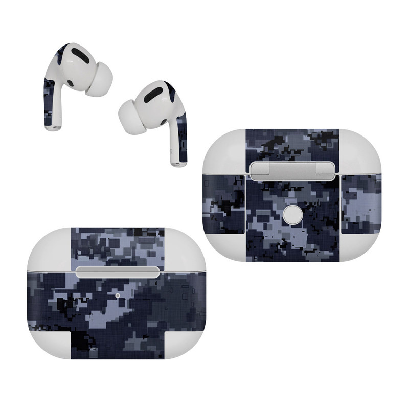 Apple AirPods Pro Skin design of Military camouflage, Black, Pattern, Blue, Camouflage, Design, Uniform, Textile, Black-and-white, Space, with black, gray, blue colors