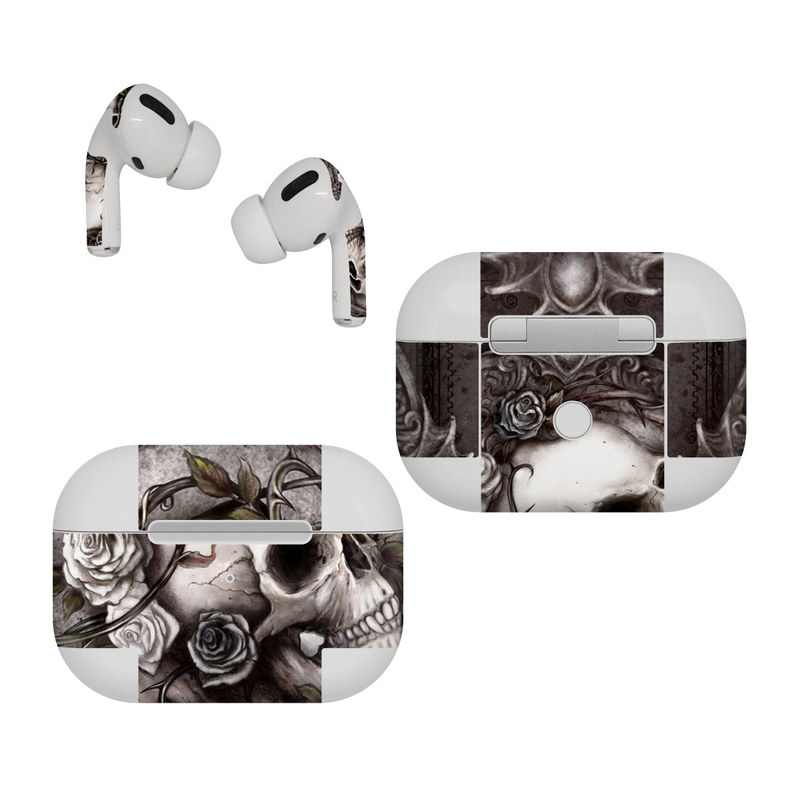 Apple AirPods Pro Skin design of Skull, Bone, Illustration, Font, Still life photography, Photography, Still life, Art, Monochrome, Circle, with black, white, brown, pink colors