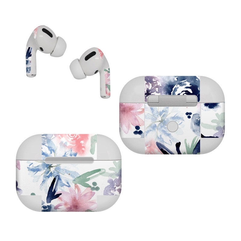 Apple AirPods Pro Skin design of Pattern, Graphic design, Design, Floral design, Plant, Flower, Illustration, with white, blue, purple, green, pink colors