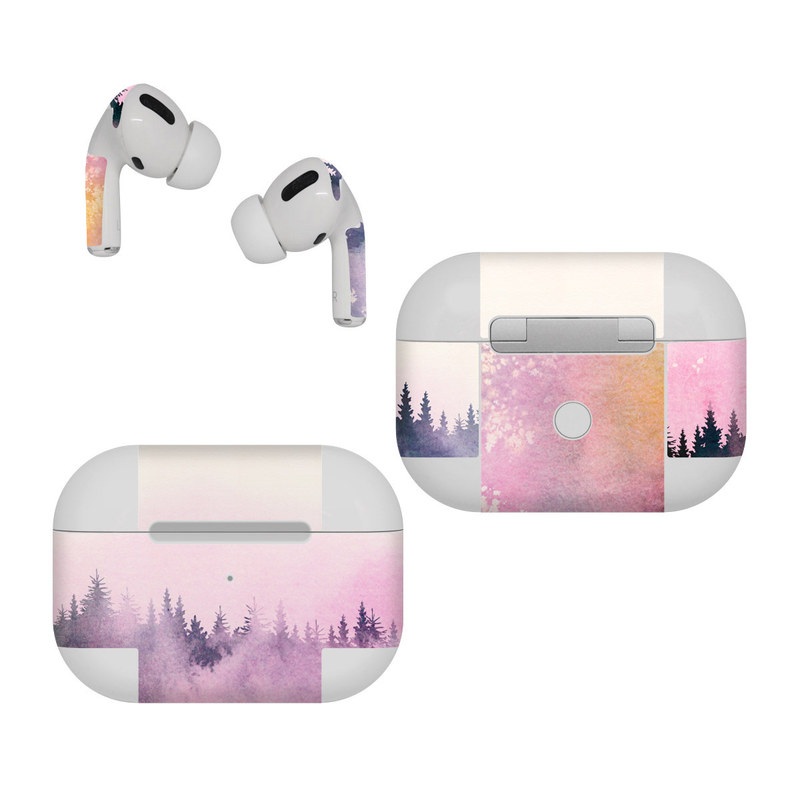 Apple AirPods Pro Skin design of Watercolor paint, Sky, Atmospheric phenomenon, Tree, Atmosphere, Cloud, Landscape, Forest, Painting, Illustration, with white, yellow, pink, purple, blue, black colors