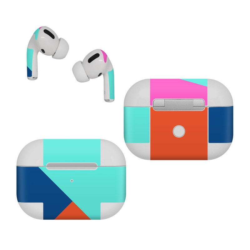 Apple AirPods Pro Skin design of Blue, Colorfulness, Turquoise, Line, Azure, Triangle, Pattern, Graphic design, Magenta, with blue, pink, orange, red colors