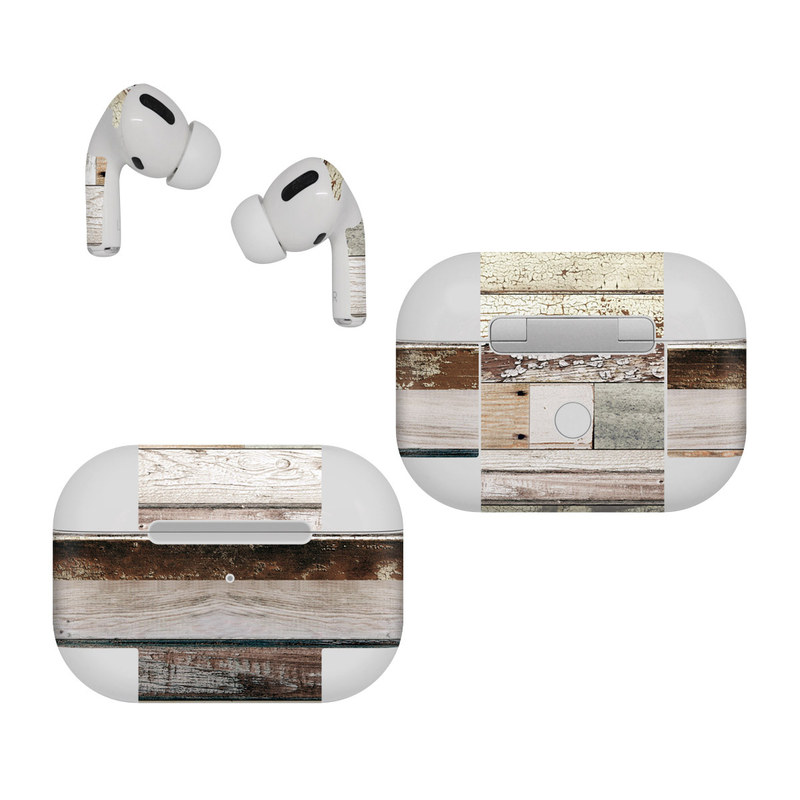 Apple AirPods Pro Skin design of Wood, Wall, Plank, Line, Lumber, Wood stain, Beige, Parallel, Hardwood, Pattern, with brown, white, gray, yellow colors