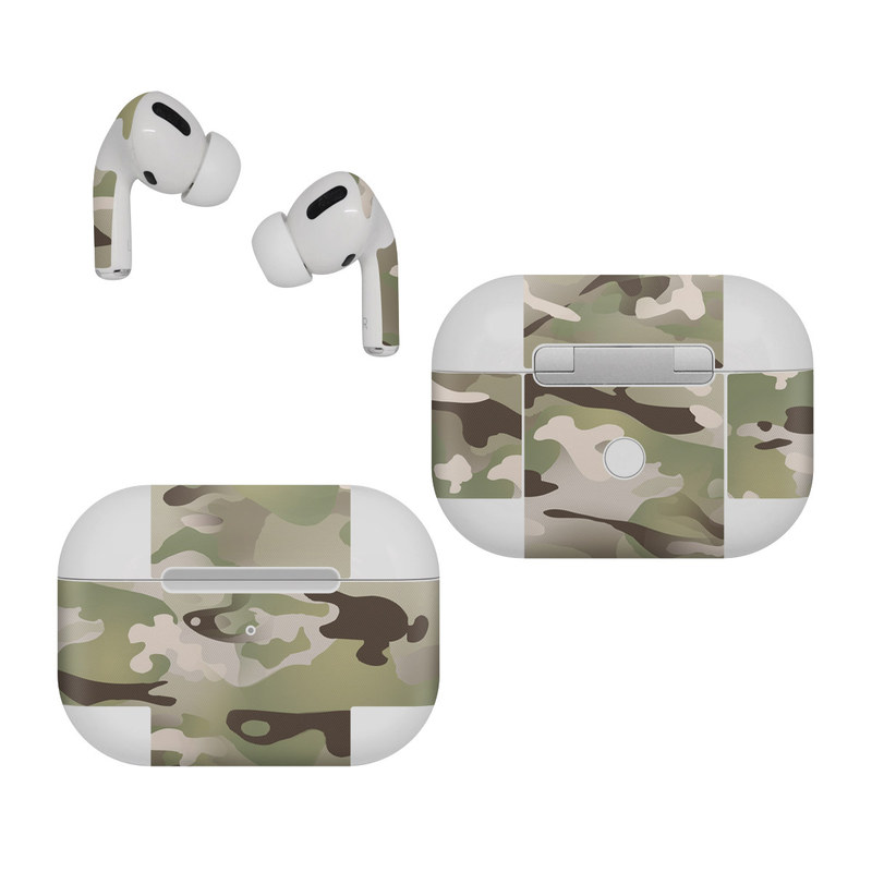 Apple AirPods Pro Skin design of Military camouflage, Camouflage, Pattern, Clothing, Uniform, Design, Military uniform, Bed sheet, with gray, green, black, red colors