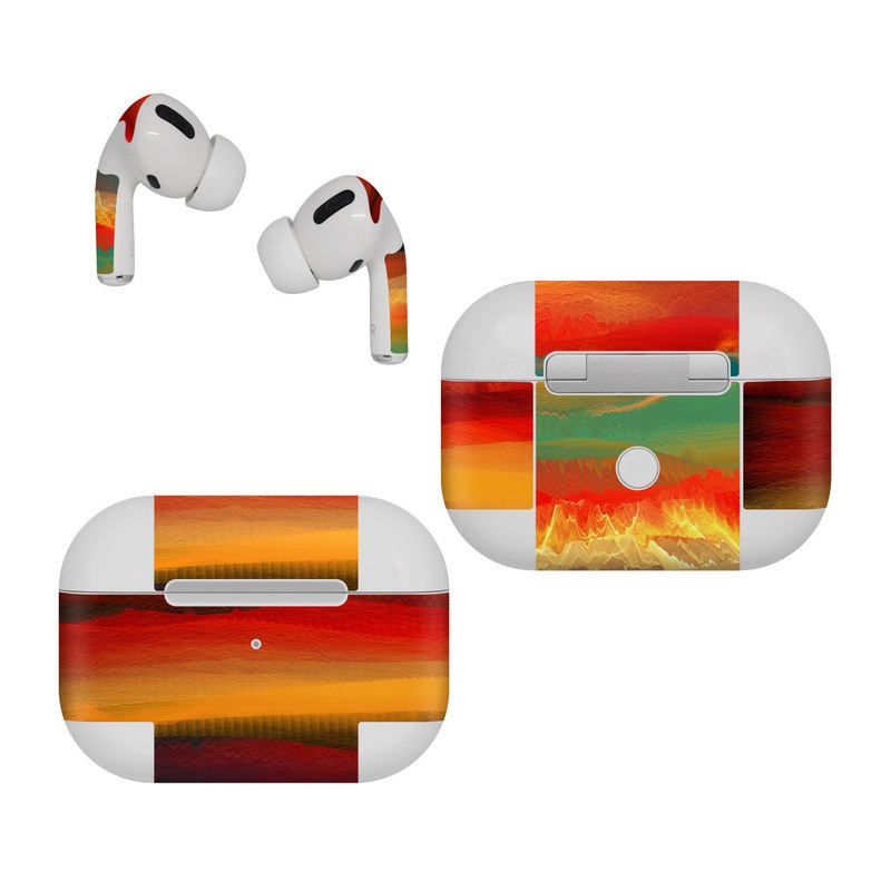 Apple AirPods Pro Skin design of Sky, Red, Horizon, Afterglow, Orange, Painting, Acrylic paint, Watercolor paint, Sunset, Geological phenomenon, with red, blue, green, yellow, orange, white colors