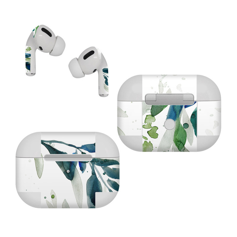 Apple AirPods Pro Skin design of Leaf, Branch, Plant, Tree, Botany, Flower, Design, Eucalyptus, Pattern, Watercolor paint, with white, blue, green, gray colors