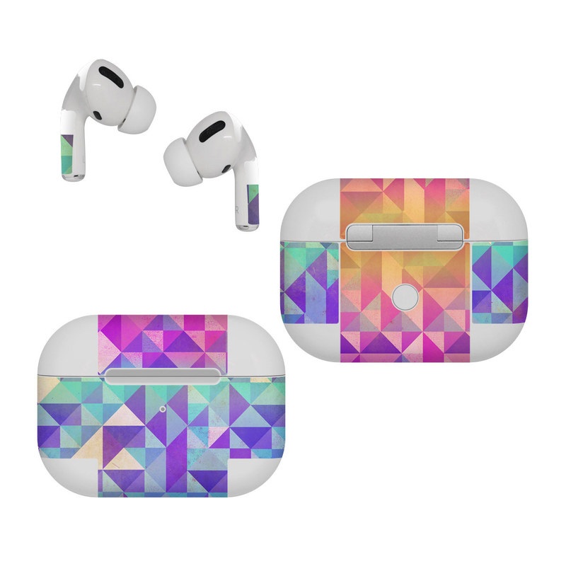 Apple AirPods Pro Skin design of Pattern, Purple, Triangle, Violet, Magenta, Line, Design, Symmetry, Psychedelic art, with gray, purple, green, blue, pink colors