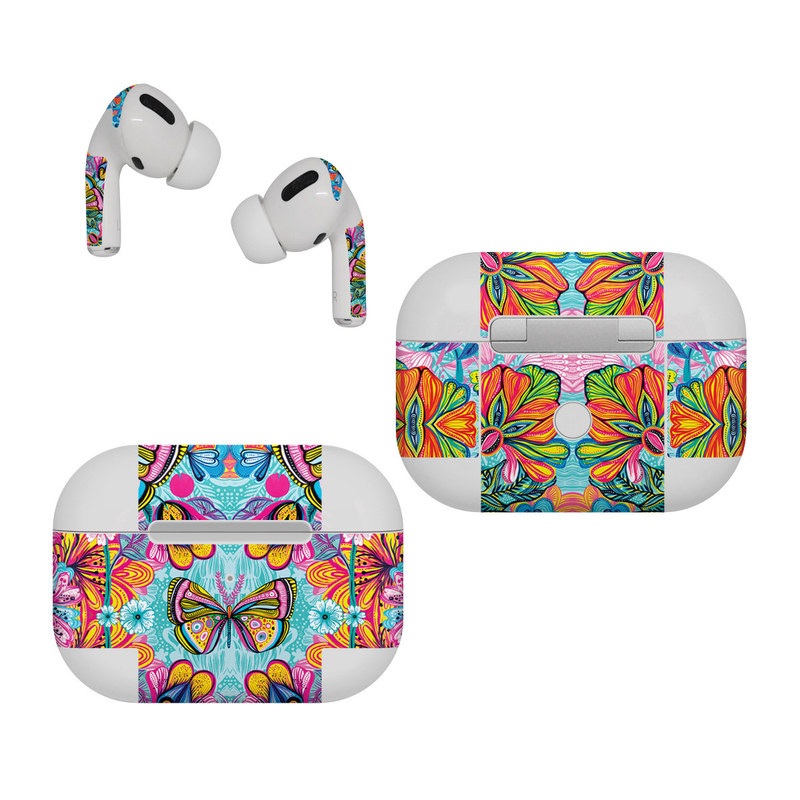 Apple AirPods Pro Skin design of Pattern, Design, Textile, Psychedelic art, Visual arts, Symmetry, Art, Motif, with blue, pink, green, yellow, orange, purple colors
