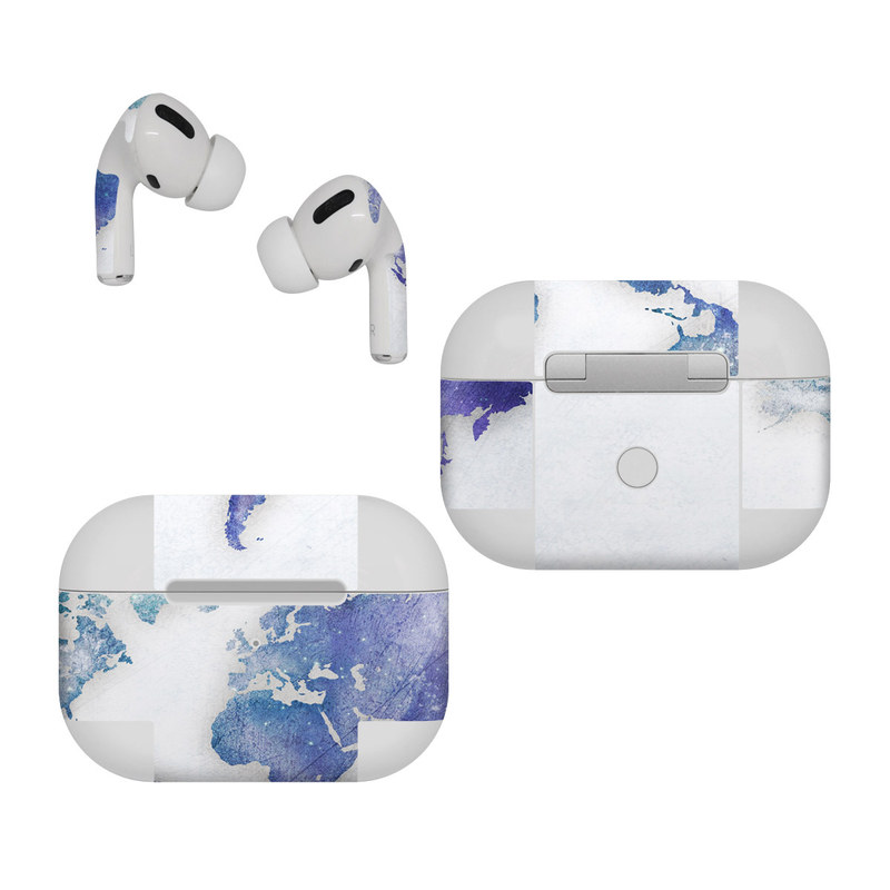 Apple AirPods Pro Skin design of World, Map, Watercolor paint, Illustration, with white, blue, purple colors