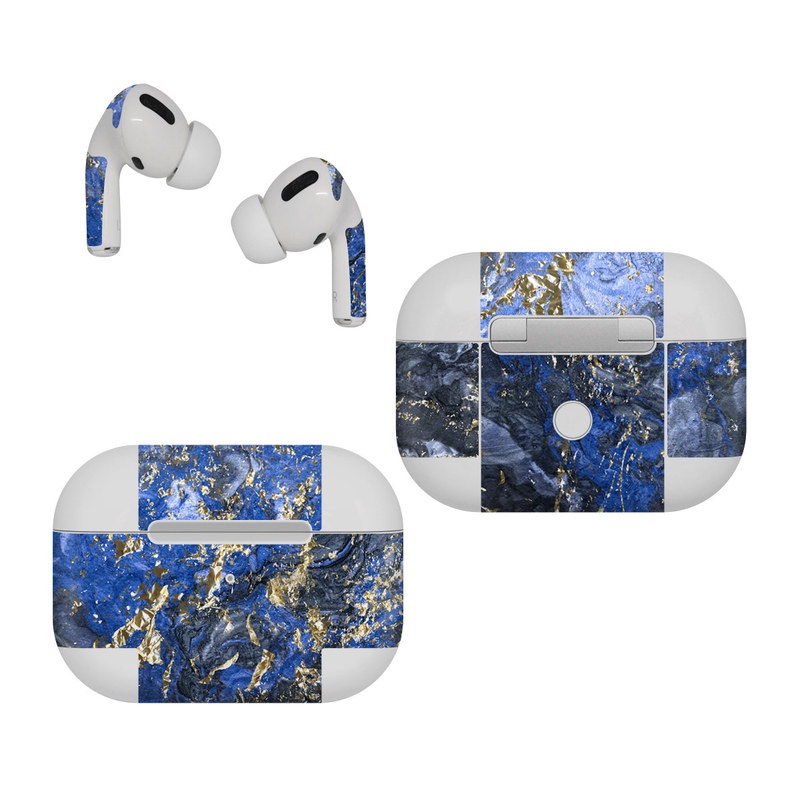 Apple AirPods Pro Skin design of Blue, Water, Cobalt blue, Rock, Painting, Geology, Electric blue, Mineral, Pattern, Acrylic paint, with black, blue, yellow, white, gray colors