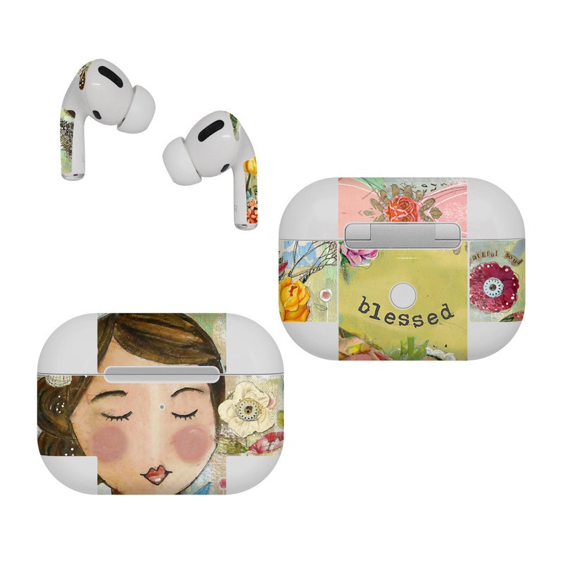 Apple AirPods Pro Skin design of Illustration, Cheek, Art, Watercolor paint, Retro style, Painting, Plant, Flower, Fashion illustration, Fictional character, with pink, green, yellow, white, red, blue colors