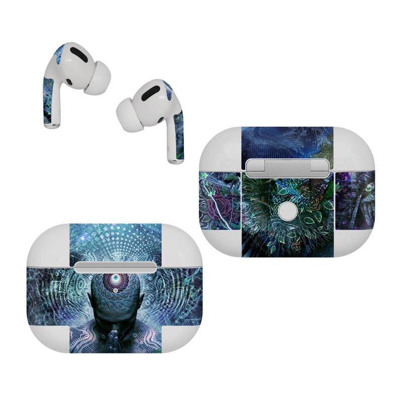 Apple AirPods Pro Skin design of Psychedelic art, Fractal art, Art, Space, Organism, Earth, Sphere, Graphic design, Circle, Graphics, with blue, green, gray, purple, pink, black, white colors