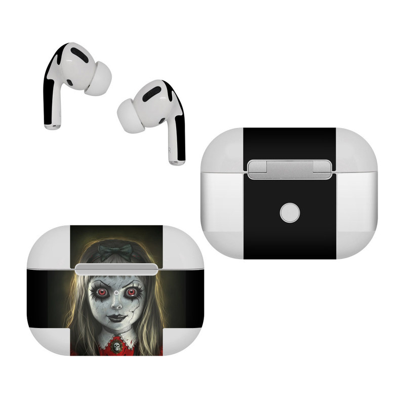 Apple AirPods Pro Skin design of Fiction, Illustration, Fictional character, Ghost, Darkness, Vampire, Goth subculture, Zombie, Art, Skull, with white, red, black, yellow colors