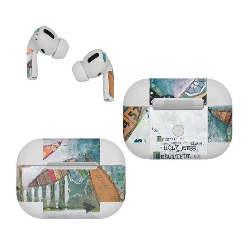 Apple AirPods Pro Skin design of Leaf, Font, Plant, Illustration, Art, with blue, white, green, red, orange, yellow colors