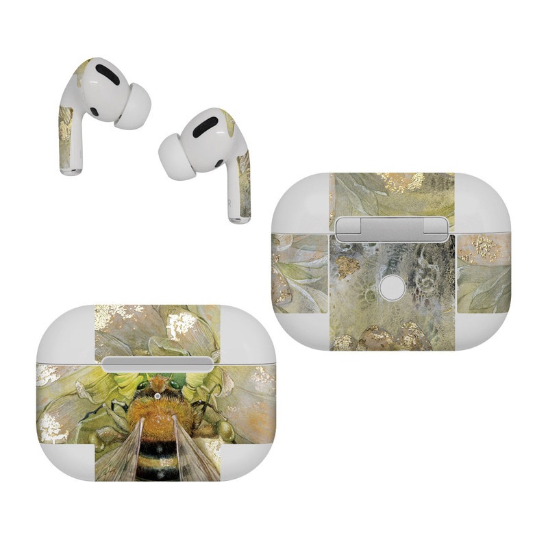 Apple AirPods Pro Skin design of Honeybee, Insect, Bee, Membrane-winged insect, Invertebrate, Pest, Watercolor paint, Pollinator, Illustration, Organism, with yellow, orange, black, green, gray, pink colors