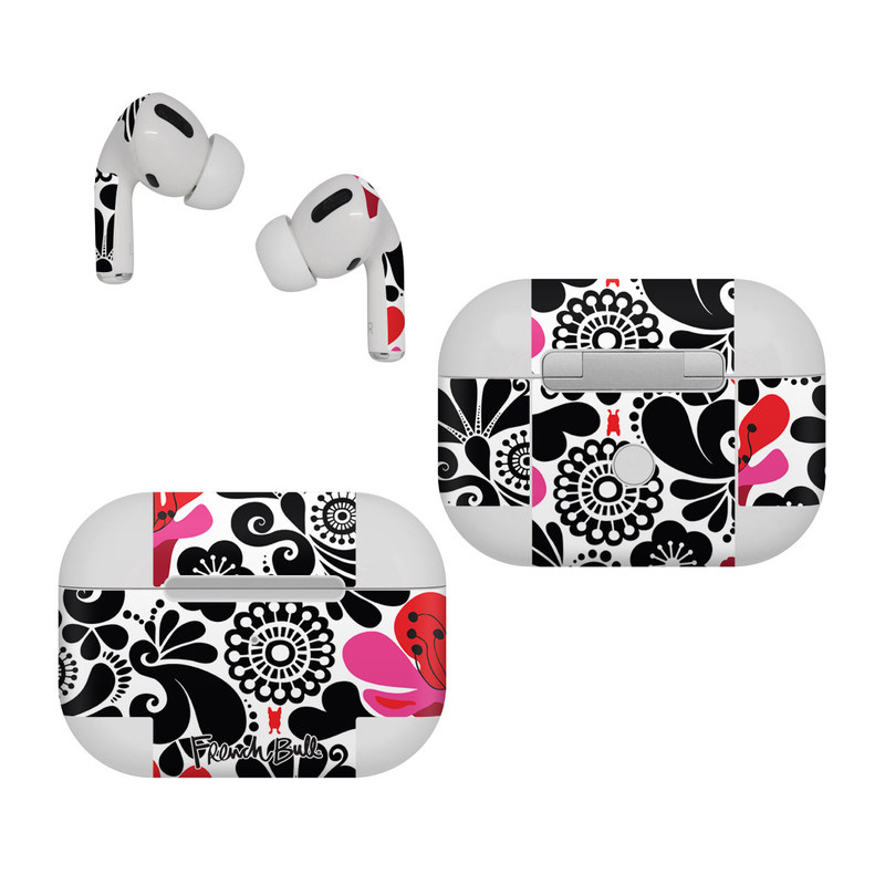 Apple AirPods Pro Skin design of White, Product, Green, Botany, Petal, Textile, Pink, Creative arts, Line, Magenta, with black, white, pink, red colors