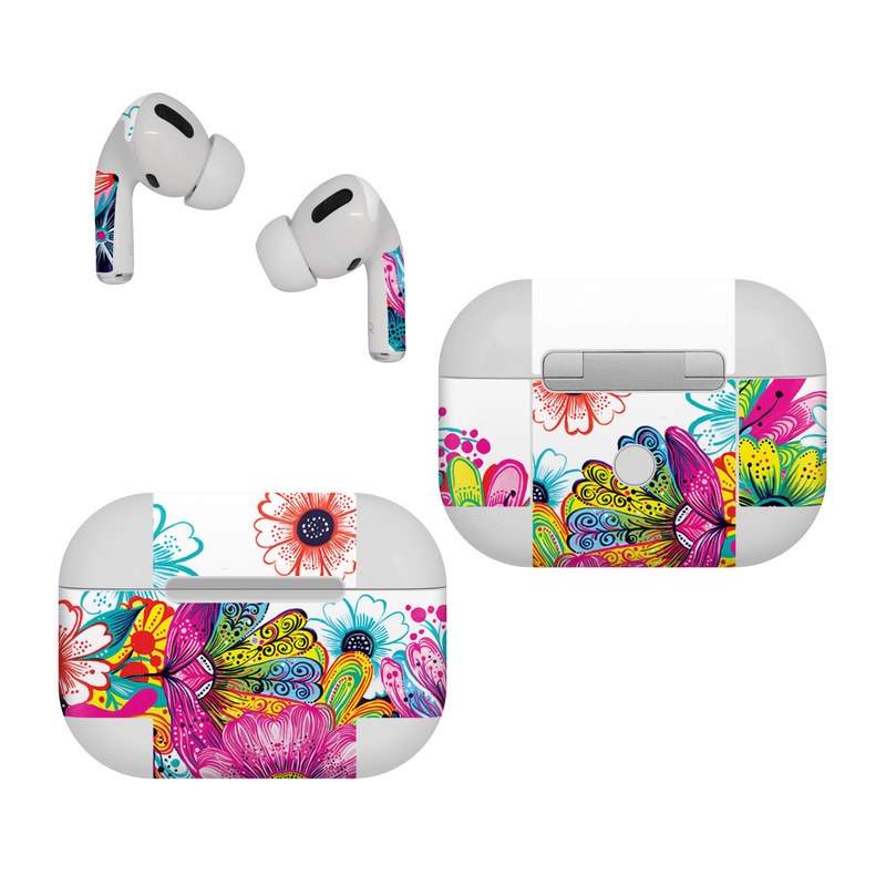 Apple AirPods Pro Skin design of Pattern, Floral design, Design, Graphic design, Flower, Wildflower, Plant, Graphics, Clip art, Visual arts, with white, pink, blue, yellow, purple, red colors