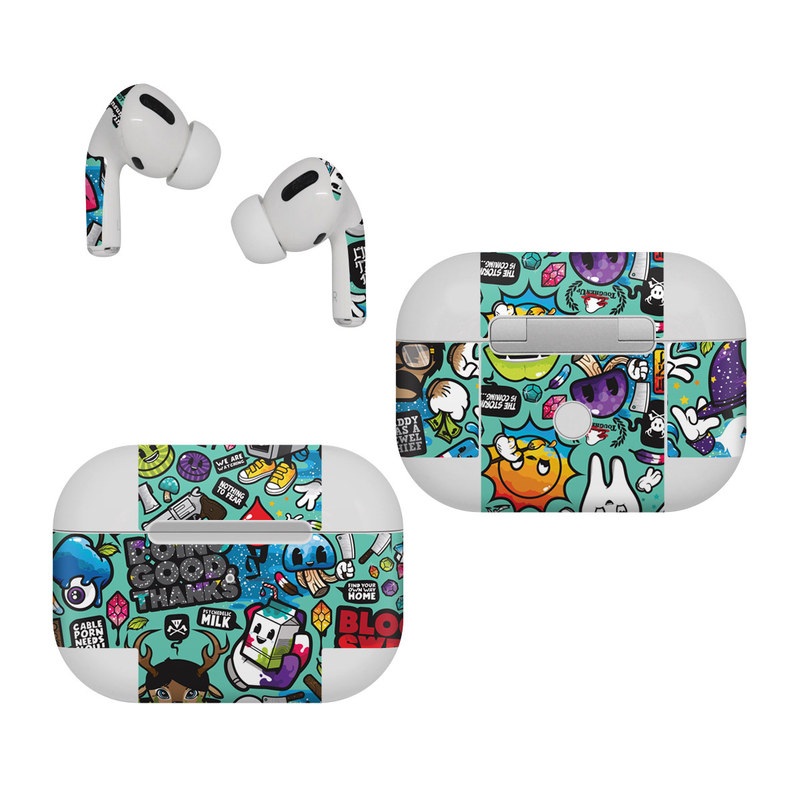 Apple AirPods Pro Skin design of Cartoon, Art, Pattern, Design, Illustration, Visual arts, Doodle, Psychedelic art with black, blue, gray, red, green colors