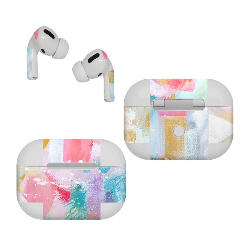Apple AirPods Pro Skin design of Colorfulness, Art paint, Paint, Pink, Creative arts, Art, Aqua, Magenta, Tints and shades, Font, with white, blue, pink, purple, green, yellow colors