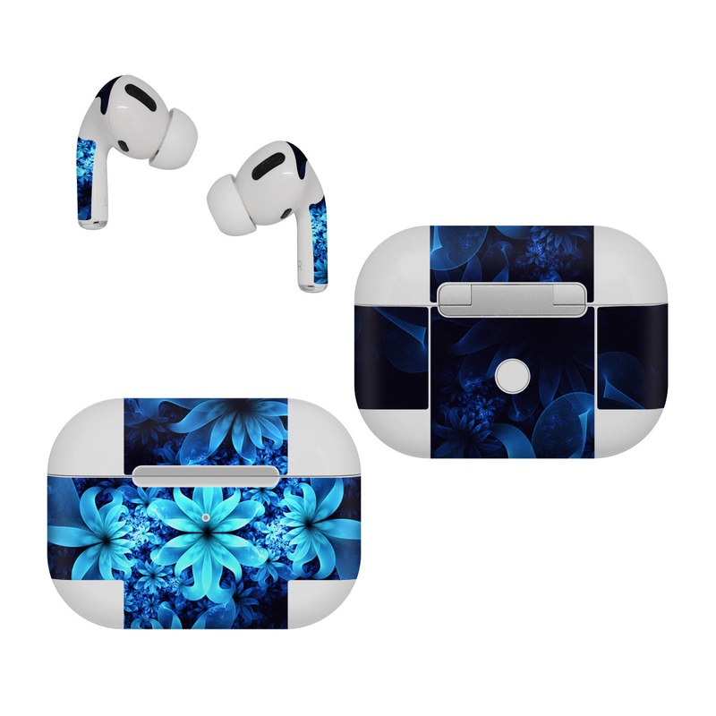 Apple AirPods Pro Skin design of Nature, Blue, Petal, Organism, Darkness, Flower, Colorfulness, Electric Blue, Majorelle Blue, Pattern, Botany, Still Life Photography, Space, Aquatic Plant, Fractal Art, Visual Arts, Illustration, Symmetry, Midnight, Wildflower, Painting, Still Life, with black, blue, white colors