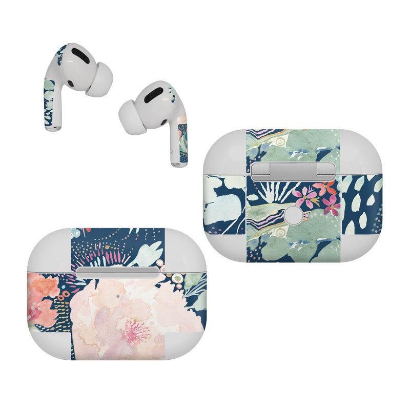 Apple AirPods Pro Skin design of Flower, Plant, Petal, Botany, Textile, Sleeve, Creative arts, Art, Painting, Aqua, with blue, pink, green, white, orange, yellow, red colors