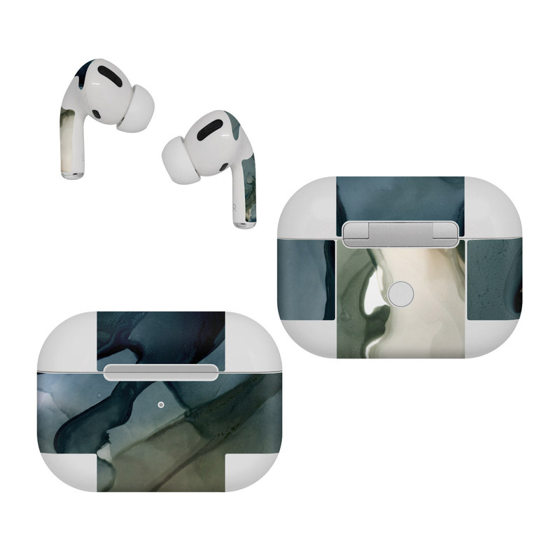 Apple AirPods Pro Skin design of Azure, Petal, Organism, Grey, Art, Pattern, Beauty, Painting, Close-up, Tree, with black, blue, green, white colors