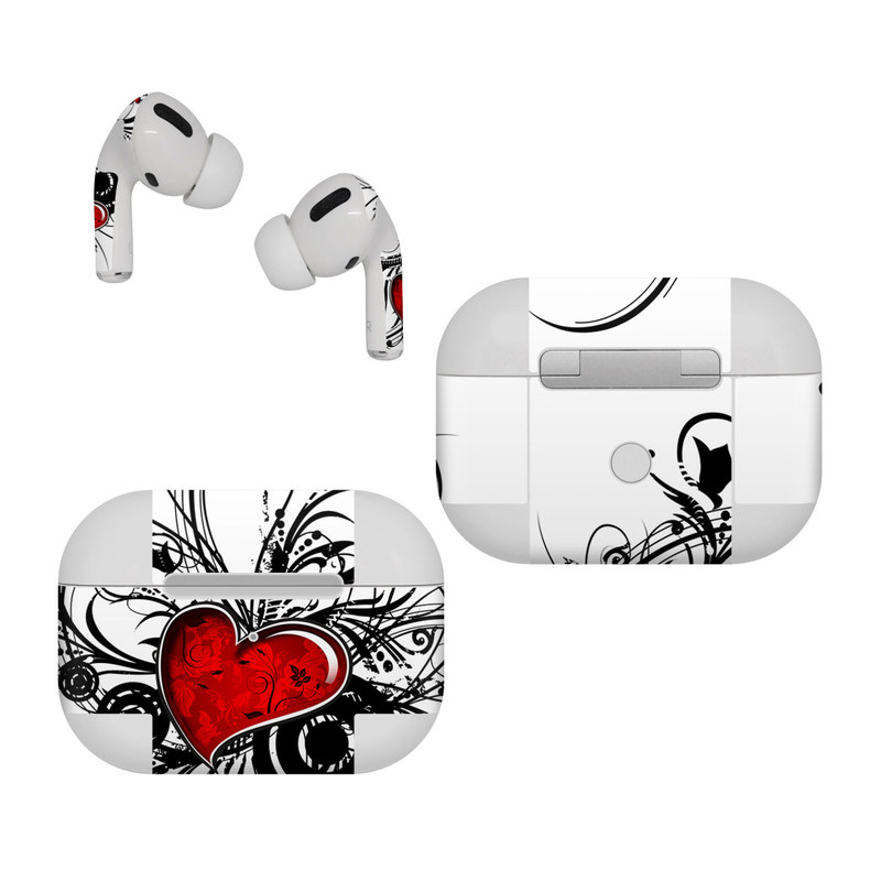 Apple AirPods Pro Skin design of Heart, Line art, Love, Clip art, Plant, Graphic design, Illustration, with white, gray, black, red colors