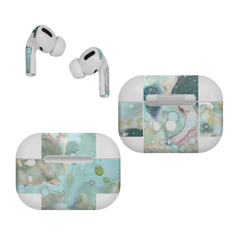 Apple AirPods Pro Skin design of Aqua, Blue, Green, Watercolor paint, Pattern, Turquoise, Organism, Design, Art, Painting, with blue, green, pink colors