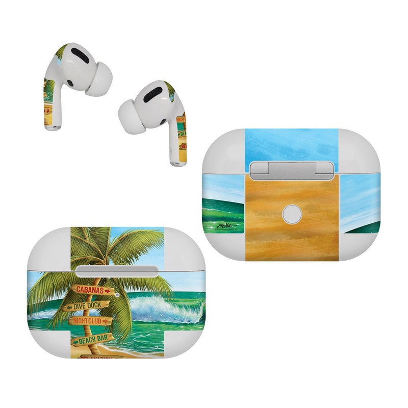 Apple AirPods Pro Skin design of Palm tree, Arecales, Tropics, Tree, Caribbean, Wave, Water, Coconut, Ocean, Elaeis, with green, purple, gray, black, blue colors