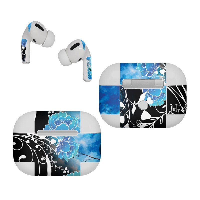 Apple AirPods Pro Skin design of Blue, Pattern, Graphic design, Design, Illustration, Organism, Visual arts, Graphics, Plant, Art, with black, blue, gray, white colors