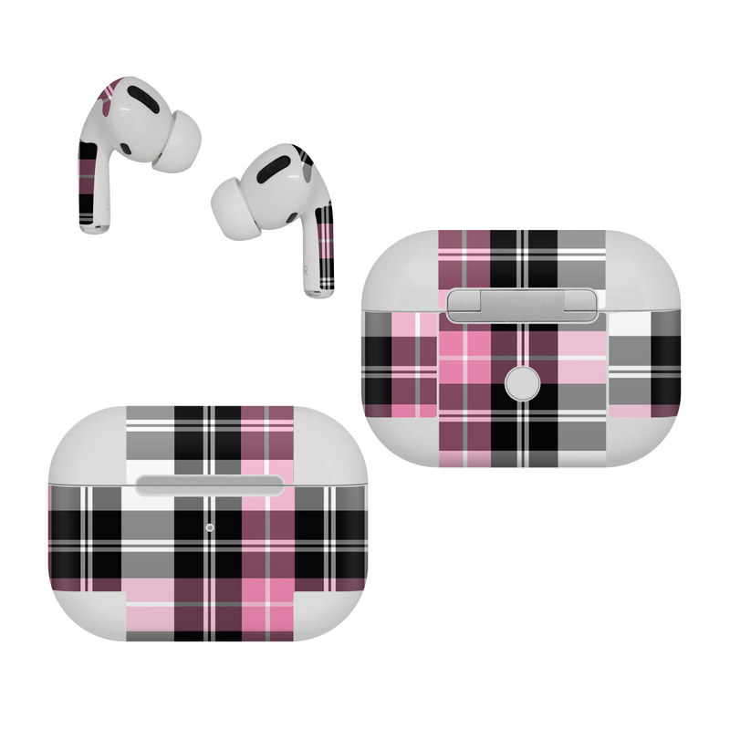 Apple AirPods Pro Skin design of Plaid, Tartan, Pattern, Pink, Purple, Violet, Line, Textile, Magenta, Design, with black, gray, pink, red, white, purple colors