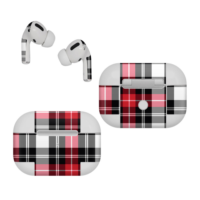 Apple AirPods Pro Skin design of Plaid, Tartan, Pattern, Red, Textile, Design, Line, Pink, Magenta, Square, with black, gray, pink, red, white colors