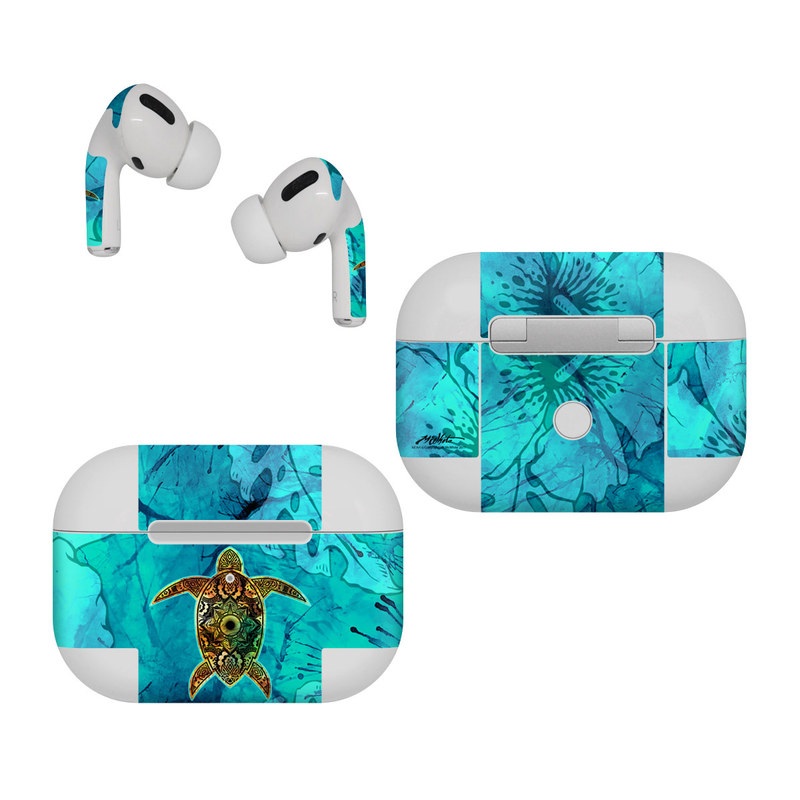 Apple AirPods Pro Skin design of Sea turtle, Green sea turtle, Turtle, Hawksbill sea turtle, Tortoise, Reptile, Loggerhead sea turtle, Illustration, Art, Pattern, with blue, black, green, gray, red colors