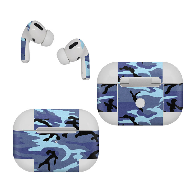 Apple AirPods Pro Skin design of Military camouflage, Pattern, Blue, Aqua, Teal, Design, Camouflage, Textile, Uniform, with blue, black, gray, purple colors