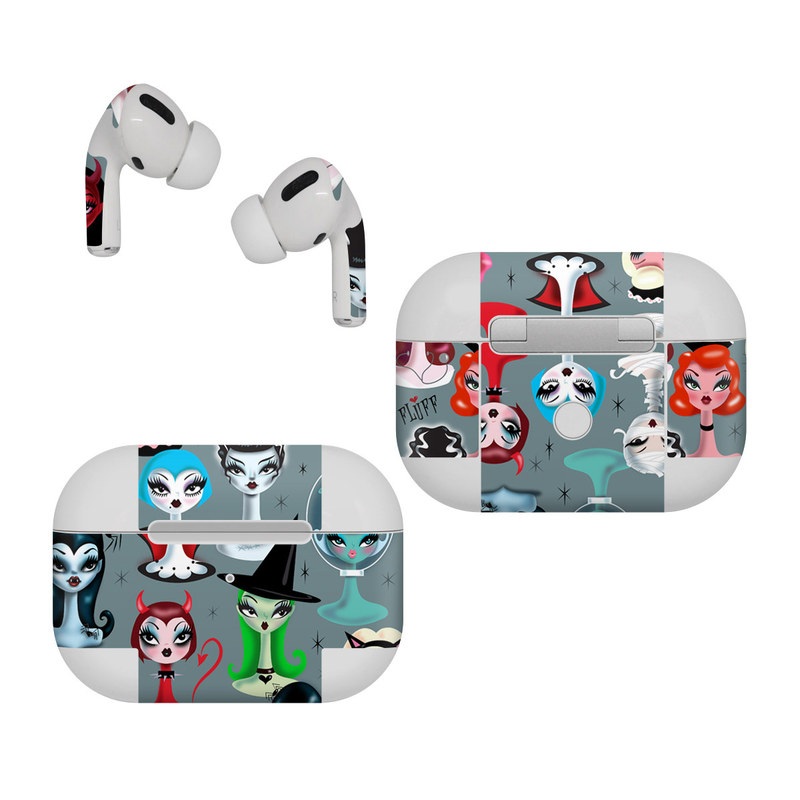 Apple AirPods Pro Skin design of Facial expression, Head, Design, Collection, Fictional character, Pattern, Skull, Illustration, Collage, Style, with gray, white, red, blue, green, black, pink, purple colors
