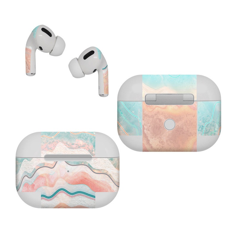 Apple AirPods Pro Skin design of Aqua, Line, Pattern, Watercolor paint, Design, Illustration, Art, with blue, pink, white, orange, yellow colors